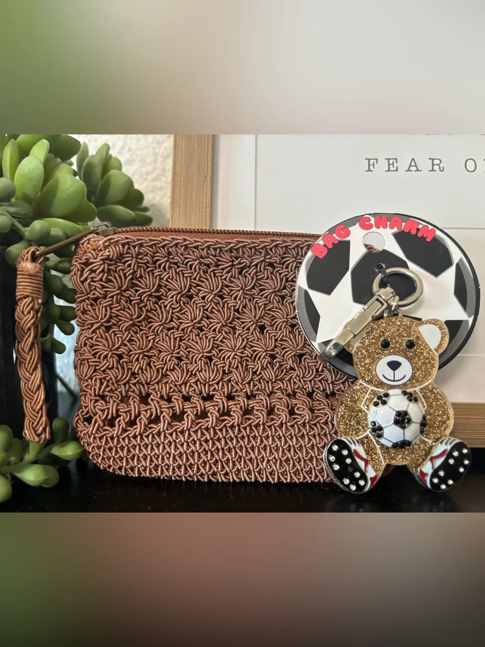 Woven Card & Coin Pouch with a Bear Bag Charm
